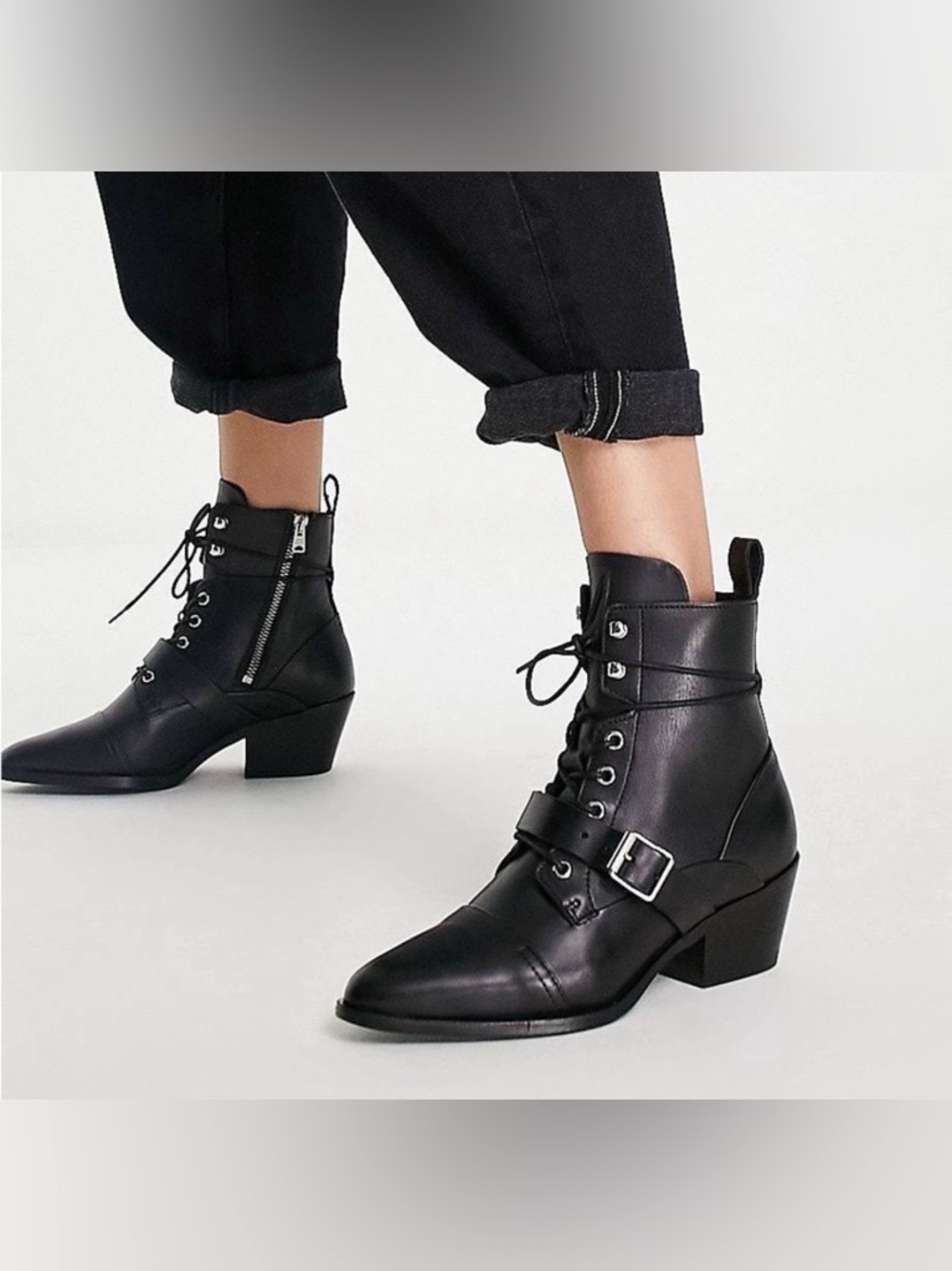 All Saints Women's Black Leather Lace-Up Buckle Katy Ankle Boots size 39